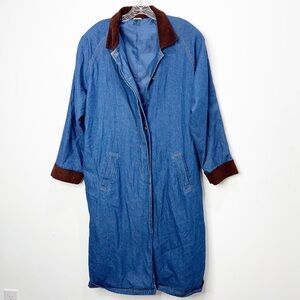 Vintage Denim Jacket Corduroy Collar Long Line Jacket Size 14
